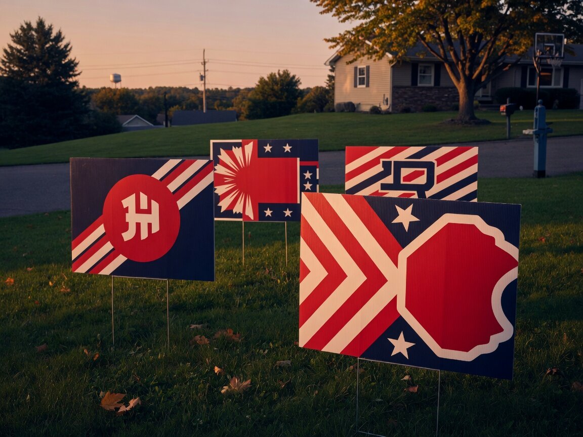 Corrugated yard signs with stakes on a lawn